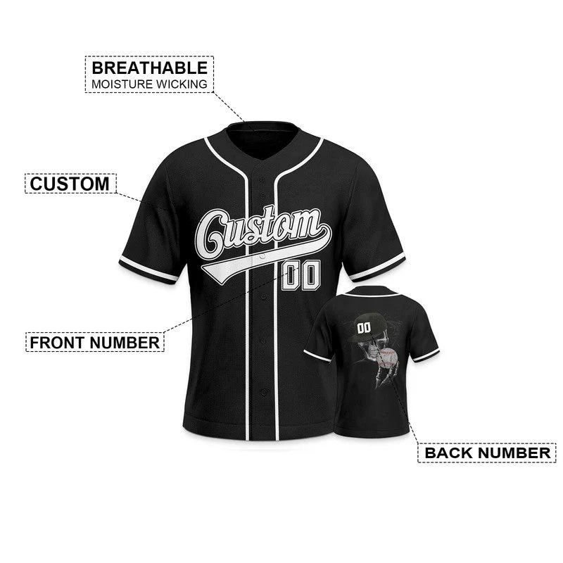 Custom Black White Authentic Skull Fashion Baseball Jersey