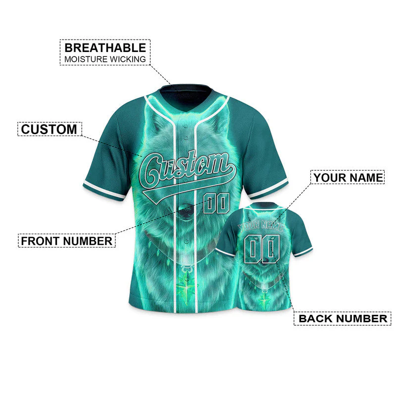 Custom Aqua White 3D Pattern Design Wolf And Peacock Authentic Baseball Jersey