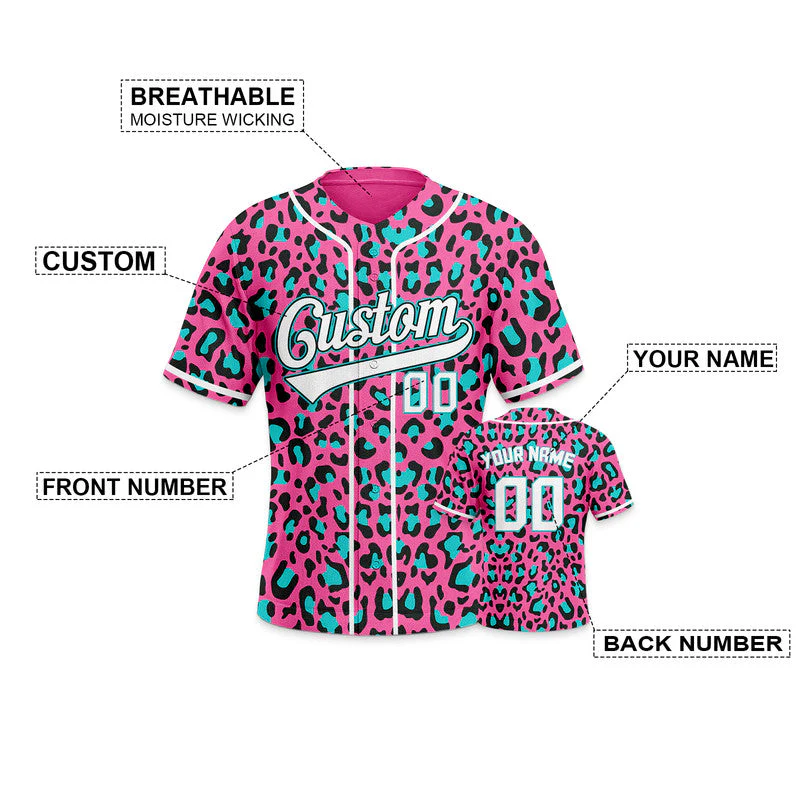Custom Pink Powder Blue-White 3D Pattern Design Leopard Authentic Baseball Jersey