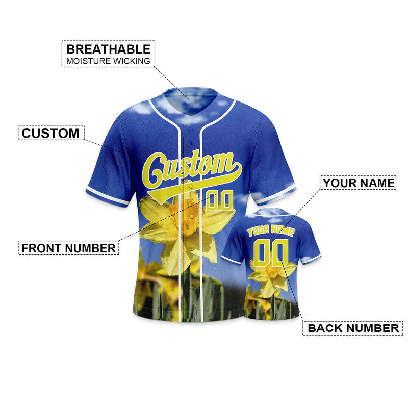 Custom Royal Gold-White 3D Pattern Design Daffodils Authentic Baseball Jersey